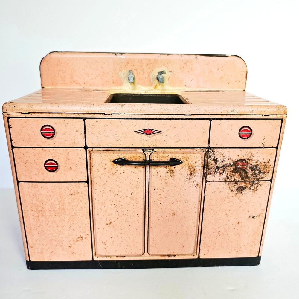 1950s Marx Toys Tin Litho Kitchen Sink‎ Pink Mid Century Modern Collectible MCM